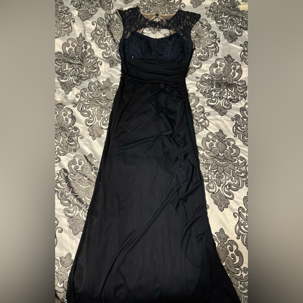Blondie Nites by Stacy Sklar Long Navy Beaded Prom Dress